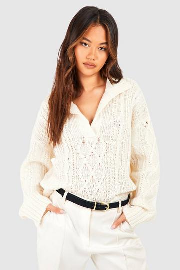 Cream White Oversized Cable Polo Collar Sweater