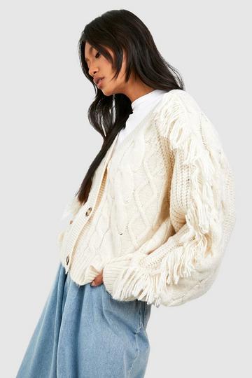 Tassel Sleeve Cable Knit Crop Cardigan stone