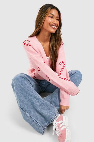 Pink Soft Knit Candy Cane Hearts Christmas Cardigan