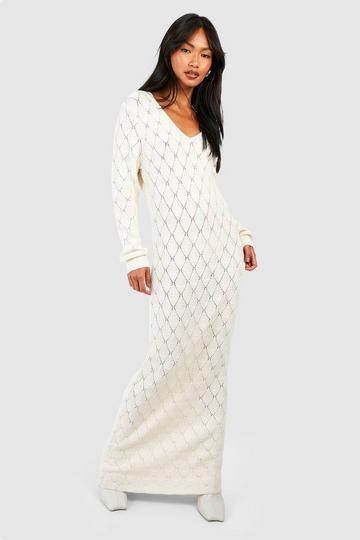 Robe pull longue en maille pointelle ecru