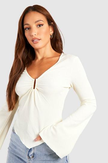 Tall Textured Long Floaty Sleeve Bar Detail Top white
