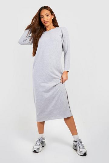 Tall V Neck Cotton Longsleeve T-shirt Column Midaxi Dress grey marl