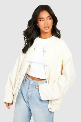 boohoo Petite PU Sleeve Oversized Varsity Jacket - Navy