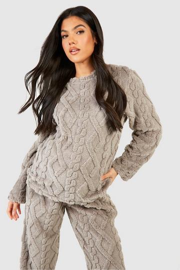 Maternity Cable Knit Fleece Lounge Sweatshirt grey