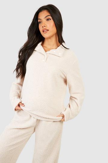 Cream White Maternity Fluffy Borg Collared Lounge Sweatshirt