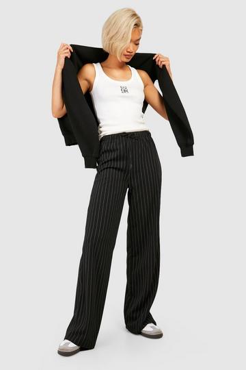 Pinstripe Drawcord High Waisted Wide Leg Trousers black