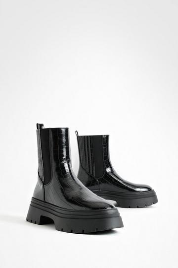 Double Sole Croc Chunky Chelsea Boots black