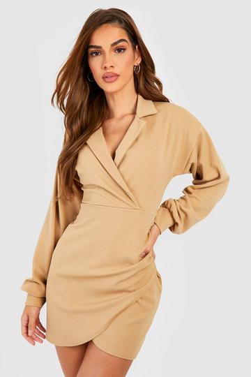 Crepe Volume Sleeve Wrap Front Shirt Dress camel