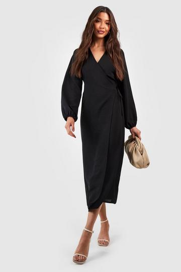 Hammered Volume Sleeve Wrap Front Shirt Dress black