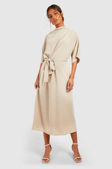 Hammered Knot Front Cowl Neck Midi Dress taupe