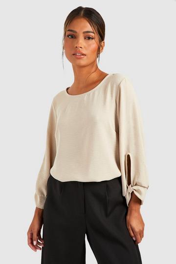 Hammered Bow Sleeve Woven Blouse taupe