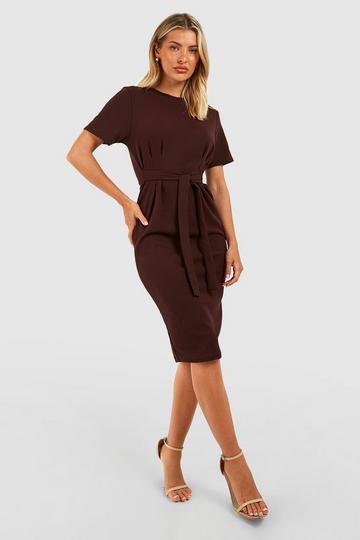 Jersey Crepe Pleat Front Belted Midi Dress chocolate