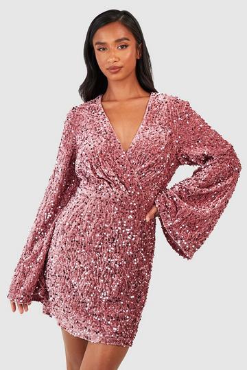 Petite Velvet Sequin Flare Sleeve Wrap Dress blush