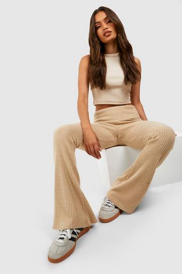 Beige Supersoft Cosy Rib Folded Waist Flared Trousers