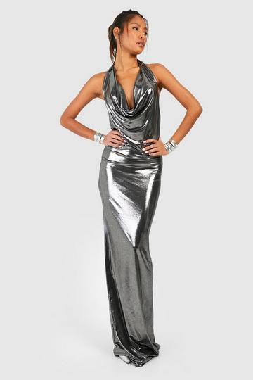 Metallic Cowl Halterneck Maxi Dress silver