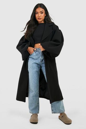 Black Petite Balloon Sleeve Oversized Wool Look Coat