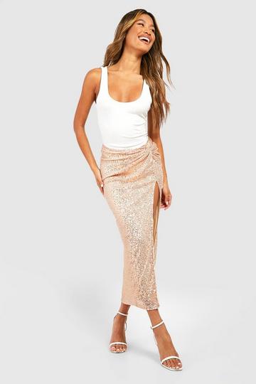 Knitted Sequin Twist Front Midaxi Skirt nude