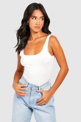 Women's White Petite Basic Long Sleeve Bodysuit