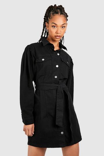 Tall Belted Denim Shirt Mini Dress black