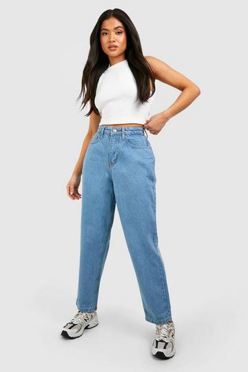 Petite Mid Blue High Rise Mom Jeans 28 mid blue