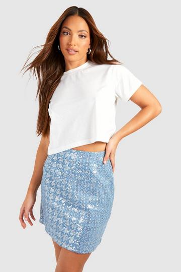 Blue Tall Sequin Denim Mini Skirt