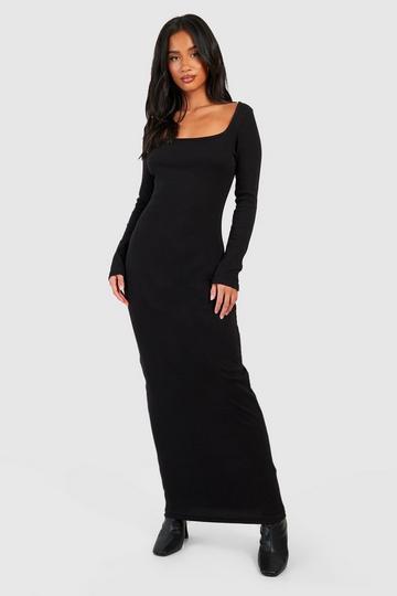 Black Petite Long Sleeve Square Neck Midaxi Dress