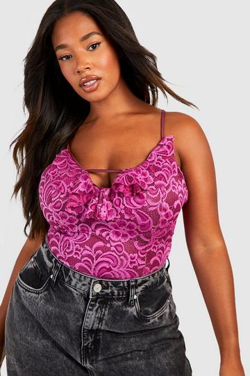 Plus Lace Ruffle Front Bodysuit pink