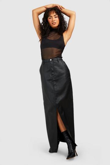 Pu Coated Split Front Denim Maxi Skirt black