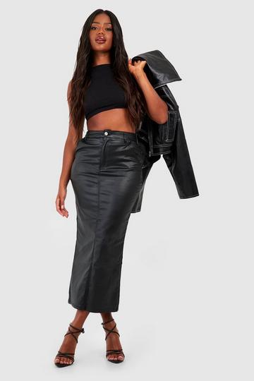 Pu Coated Split Back Denim Midi Skirt black