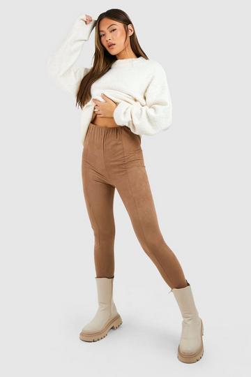 Seam Front High Waisted Soft Touch Suedette Leggings stone