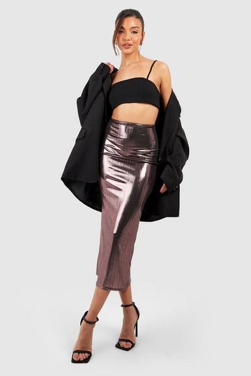 Metallic Foil Midi Slip Skirt pink