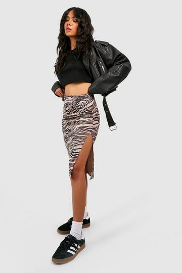 Stone Beige Zebra Print Rib Side Split Midi Skirt