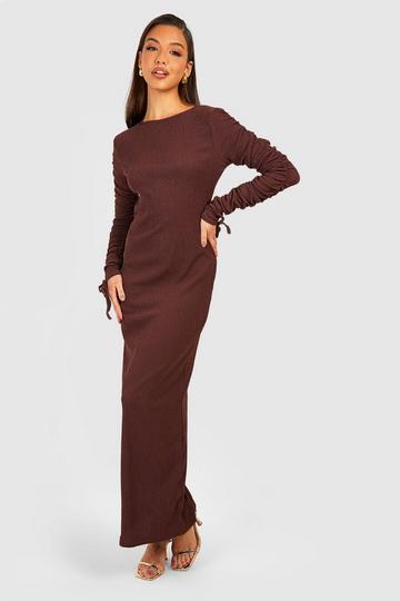 Textured Long Sleeve Rouched Maxi Dress chocolate