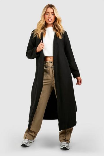 Black Collarless Wool Look Belted Coat