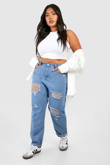 Plus Distressed Ripped Mom Jeans light wash
