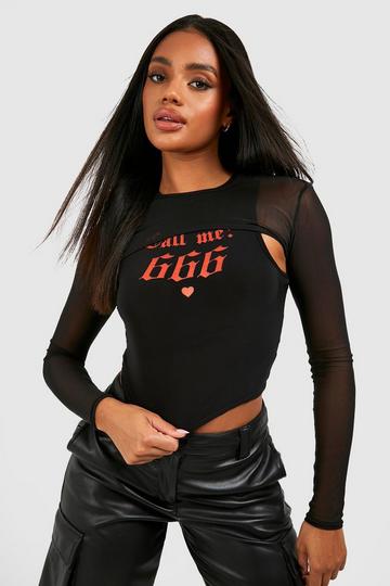 Halloween Slinky Call Me 666 Printed Crop Top black