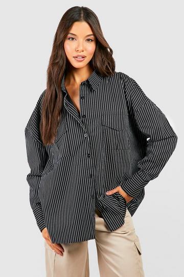 Fine Stripe Double Pocket Oversized Shirt black