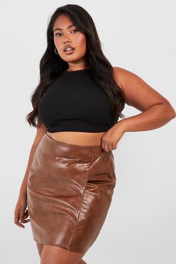 Brown Plus Pu Vintage Wash Split Front Mini Skirt