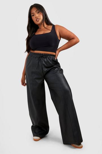 Black Plus Pu Seam Detail Straight Leg Pants