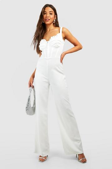 Ivory White Ruched Corset Wide Leg Jumpsuit