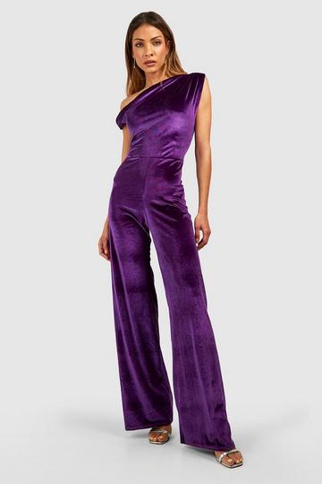 Purple Velvet Drape Off Shoulder Wide Leg Jumpsuit