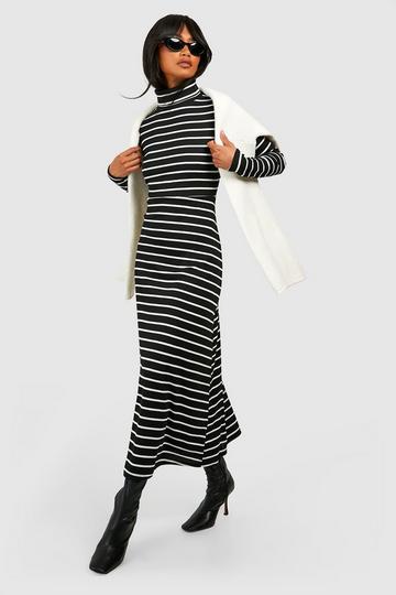 Stripe Turtleneck Midi Dress black