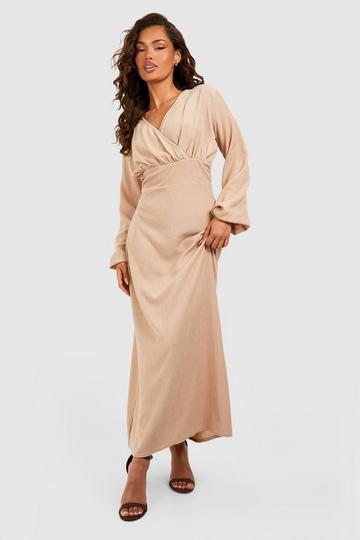 Textured Drape Blouson Sleeve Wrap Dress tan
