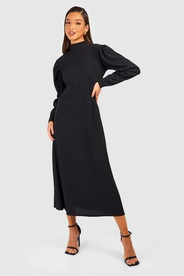 Textured Volume Puff Sleeve Midaxi Dress black