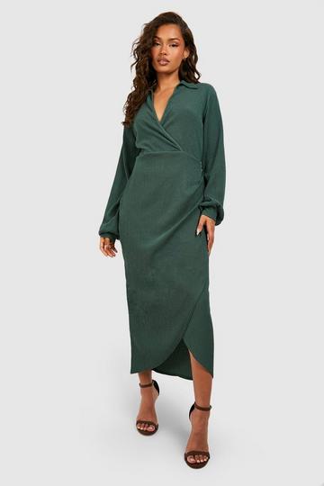 Textured Volume Sleeve Wrap Shirt Dress khaki