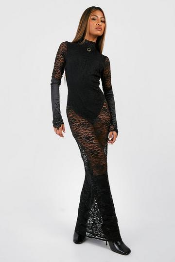 Lace High Neck Backless Maxi Dress black