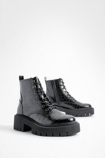 Tab Detail Chunky Lace Up Croc Hiker Boots black