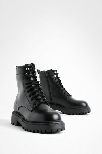 Wide Width Hook Detail Lace Up Combat Boots black