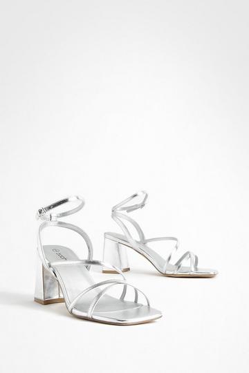 Metallic Mid Block Heel Strappy Sandals silver