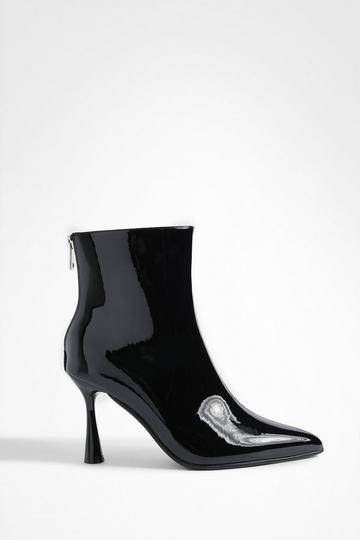 Wide Fit Flare Stiletto Patent Pointed Ankle Boots black